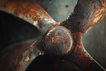 Close-up of a heavily rusted, three-bladed propeller, showing significant wear and texture.