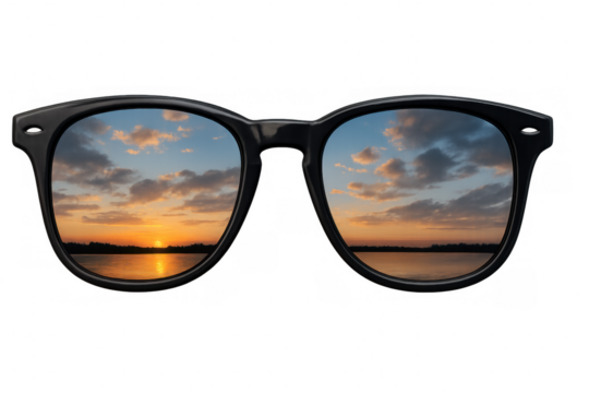 Black sunglasses reflecting serene lake sunset, vibrant orange-yellow colors mirroring transparent lens surface
