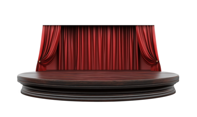 Elegant wooden stage with red curtains isolated on a white background