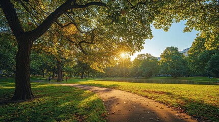 Obraz premium Sunset park path, autumn foliage, city backdrop, leisure