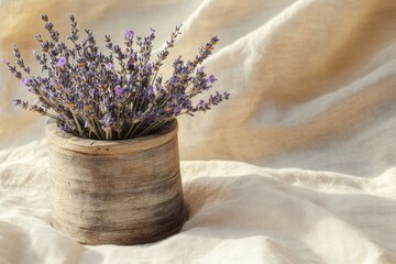 A rustic wooden vase holds a bouquet of fragrant lavender, resting on a beige linen fabric.
