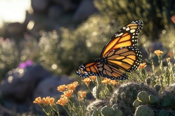 A Monarch butterfly with vibrant orange wings rests on a cactus amidst wildflowers bathed in golden sunlight.
