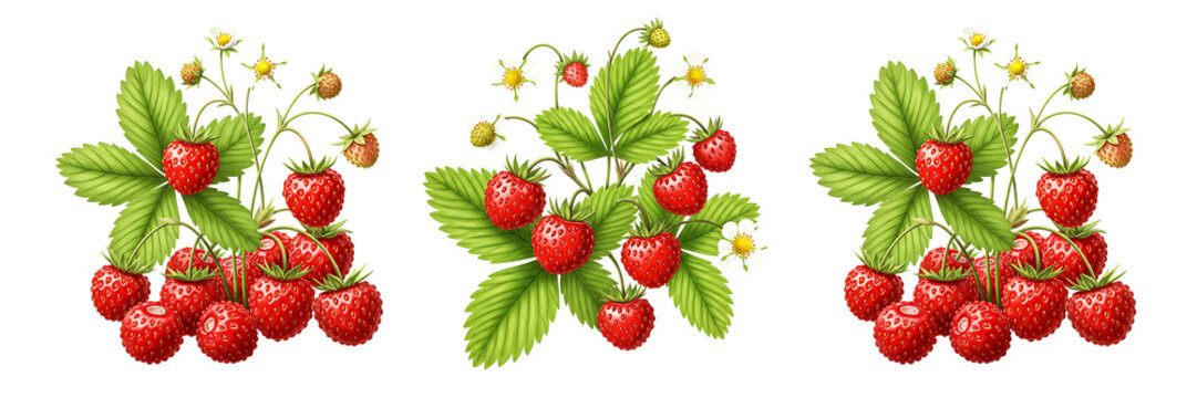 Wild Strawberry Plant with Red Berries Leaves and Flowers On Transparent Background

