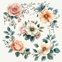 Watercolor Floral Design with Roses, Leaves, and Floral Elements on White