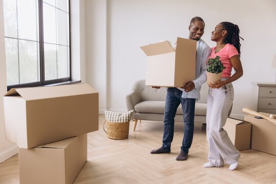 Happy african american couple carrying boxes and plant in new apartment