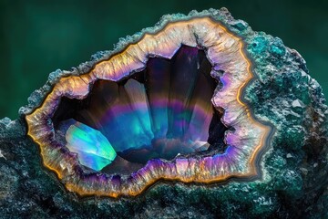 Iridescence agate geode with vibrant rainbow colors and a unique crystalline structure.