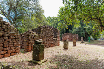 Stone walls at the ruins of San Ignacio in Misiones, Argentina.