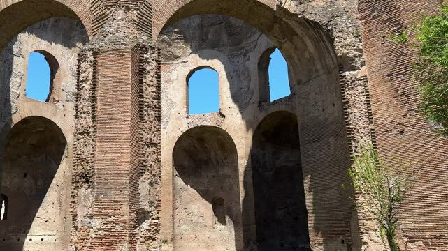 Ruins of the Temple of Minerva in Rome, Italy. Ancient Roman temple remains with stone walls and historical significance near the Forum of Nerva.

