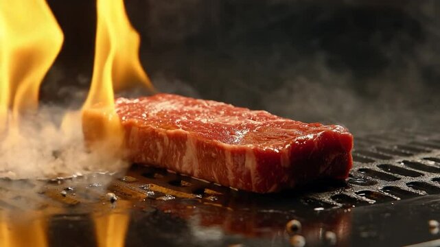 A juicy steak sizzles on a hot grill with flames and smoke rising around it, capturing the essence of live-fire cooking.