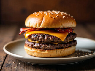 Double cheeseburger with bacon over wooden table