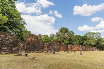 Stone walls at the ruins of San Ignacio in Misiones, Argentina.