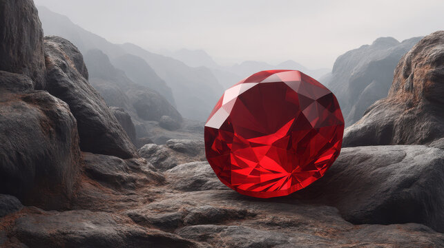 A brilliantly cut red ruby rests amidst rocky terrain and a misty mountain backdrop, its facets reflecting the light in a stunning display of color and clarity.