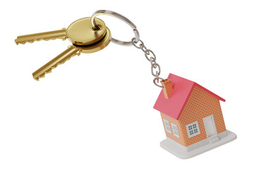 Toy house keychain isolated on white background. 3d illustration.