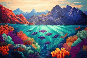 Vibrant underwater coral reef scene with colorful fish swimming beneath a mountain range at sunset.