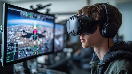 Teenager using VR headset for flight sim training