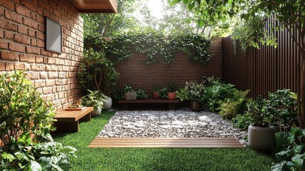 Tranquil backyard garden oasis, sunlit patio, plants