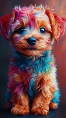 Colorful fluffy puppy with vibrant fur in shades of blue, orange, and pink, exuding cuteness and playfulness in a warm background setting.