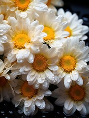 Obraz premium A close up view of a cluster of white daisy flowers with water droplets on the petals and yellow centers