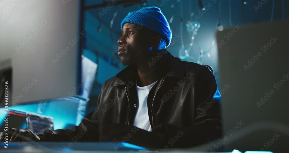 Poster Night, computer and black man with coding, cyber security or thinking with software update. African person, programmer or employee with pc, evening or research for hacker, analytics or IT technician