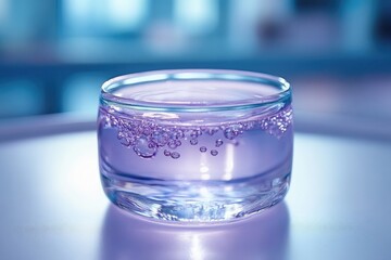 A glass of light purple liquid with small bubbles rising to the surface.