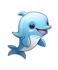 Naklejka premium An underwater cartoon illustration of wild marine life, featuring a blue swimming shark, whale, dolphin, and fish