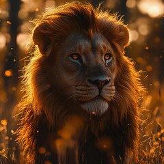 Fototapeta premium Majestic lion portrait bathed in warm golden light, showcasing fierce eyes and a flowing mane in a serene natural setting.