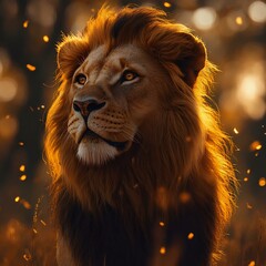 Naklejka premium Majestic lion portrait with a golden mane, set in a warm, glowing environment, showcasing its powerful and regal presence.