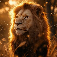 Fototapeta premium Majestic lion portrait illuminated by golden sunlight. Captivating gaze and magnificent mane. Perfect for wildlife and nature enthusiasts.