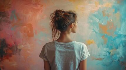Woman admiring colorful painted wall, studio