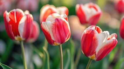 Fototapeta premium A stunning close-up of vibrant red and white tulips in spring.