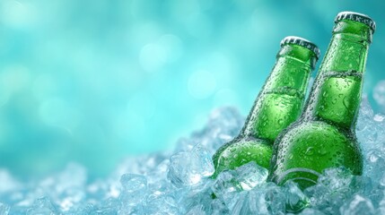 Chilled refreshment green glass bottles amidst ice cubes
