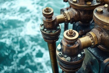 Close-up of aged bronze ship valves against a backdrop of churning ocean water.