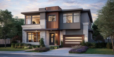 Obraz premium Modern New Home Exterior at Dusk with Soft Lighting and Contemporary Architecture