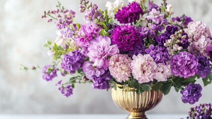 Fototapeta premium Assorted Purple Flowers in Gold Vase on White Background