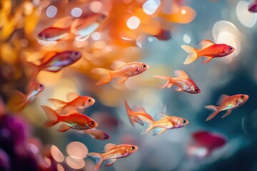 A school of vibrant orange fish swims in a softly lit aquarium, creating a serene underwater scene.