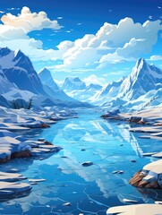 A serene winter landscape featuring snow covered mountains and a frozen river under a cloudy sky