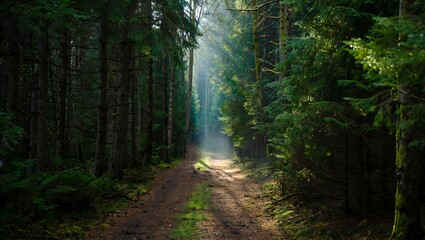 Obraz premium Sunlit Path Through Dense Evergreen Forest Misty Morning Atmosphere