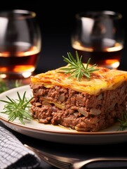 A close up of a slice of lasagna on a plate with rosemary garnish and two glasses of amber liquid