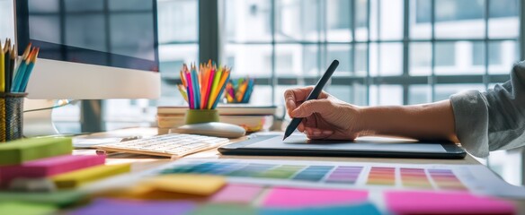 The creative designer working at a colorful desk with digital tools.