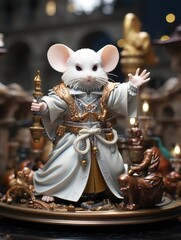 A white mouse dressed in a robe holding a scepter standing on a gold platter in a detailed room