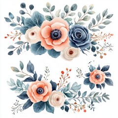 Watercolor Floral Arrangements, Peach & Teal Flowers, Botanical Illustration
