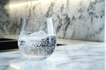 A glass of sparkling water sits on a marble countertop, bubbles rising to the surface.