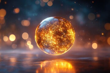 A luminous sphere, glowing with interconnected nodes, evokes concepts of global networks and futuristic technology.