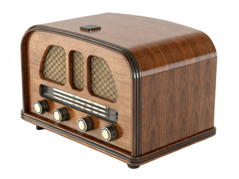 A vintage wooden radio isolated on transparent background