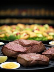 Close up of grilled steaks with salad and condiments on a black plate for a delicious meal