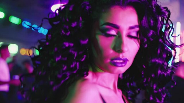 Femme aux cheveux boucl&eacute;s &eacute;clair&eacute;e par des lumi&egrave;res n&eacute;on violettes dans une ambiance de club r&eacute;tro
