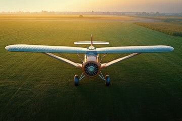 Vintage airplane on a grassy airfield at sunrise, peaceful and serene.