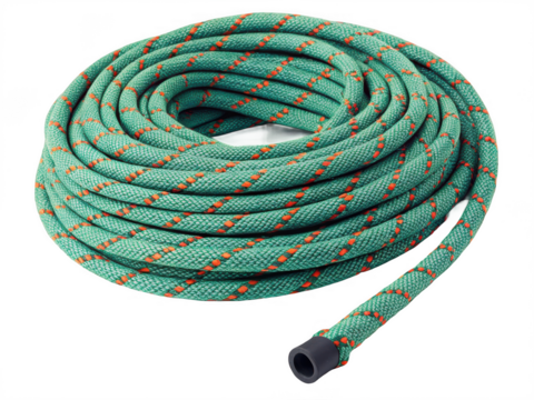 Coiled green climbing rope isolated on transparent background