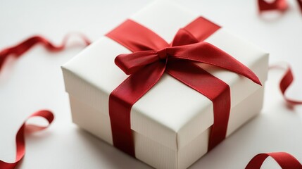Obraz premium Celebrations and Gifts: Elegant gift in white box with red ribbon on white background