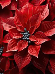 Close up of a vibrant red poinsettia flower with dark blue berries in the center of the bloom